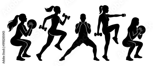 Fitness training silhouette set with dumbbell and ball