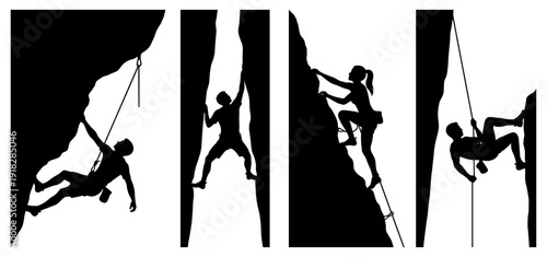 Rock climber silhouette set with mountain and rope