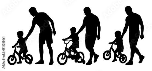 Father and son silhouette set with bicycle and balance bike