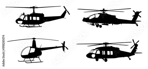 Helicopter silhouette set with military and civil aircraft