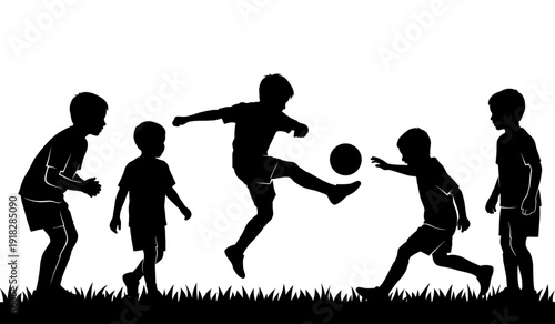 Children playing soccer silhouette set with ball