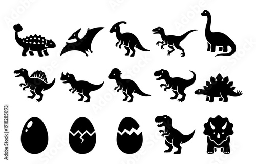 Dinosaur silhouette set with t-rex egg and fossil