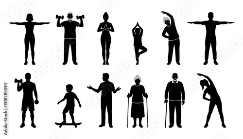 Family fitness silhouette set with elderly and child