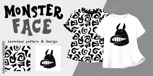 Seamless pattern and t-shirt design with playful black and white monster сharacter and seamless abstract pattern. Monster Face set, handdrawn cartoon illustration for kids apparel and fabric prints