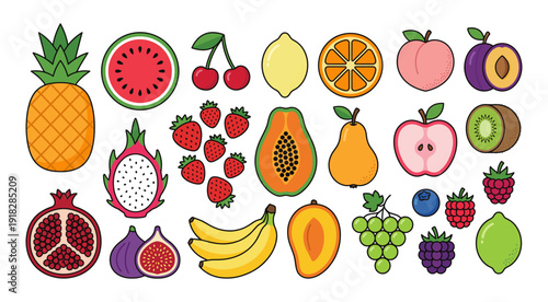 Fruit and berry icon set with apple and banana