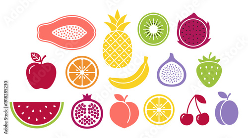 Fruit and berry icon set with apple and pineapple
