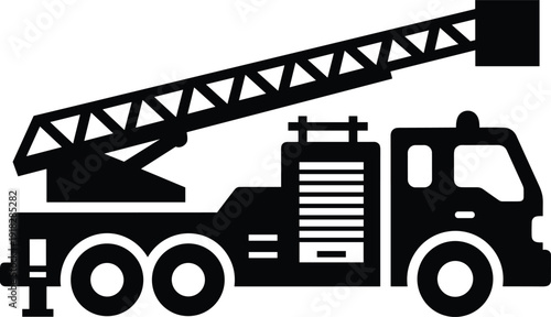 Black and white silhouette of fire truck with extendable ladder, emergency vehicle vector artwork