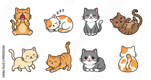 Kawaii cat sticker set with cute kitten character