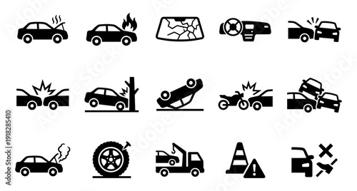 Car crash icon set with accident and collision