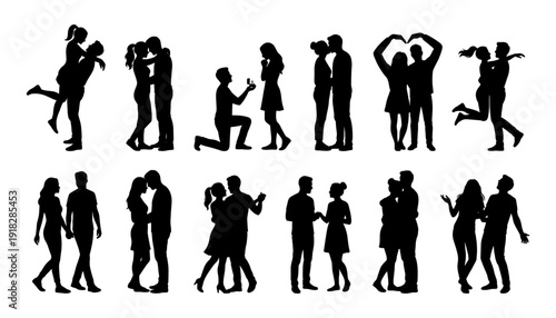 Romantic couple silhouette set with proposal and kiss