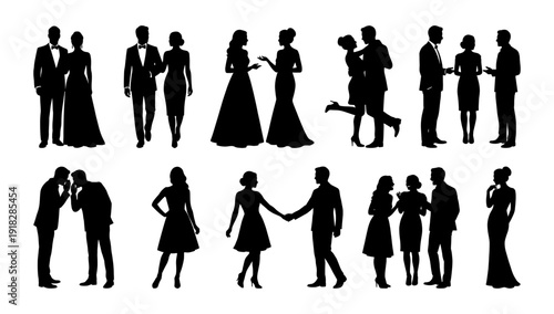 Party people silhouette set in evening dress and suit