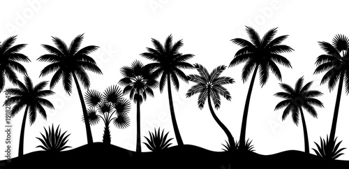 Palm tree silhouette landscape with tropical island