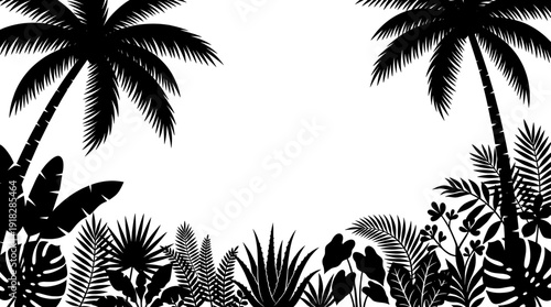 Tropical jungle landscape silhouette with palm tree