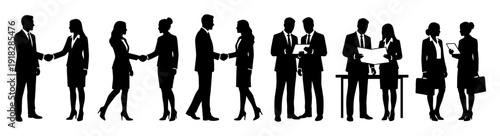 Business people silhouette set with handshake and meeting