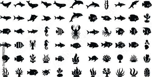 Marine Life Silhouette Collection Featuring Fish, Dolphin, Whale, Seahorse, Squid, Lobster, Coral, Seaweed, and Ocean Creatures