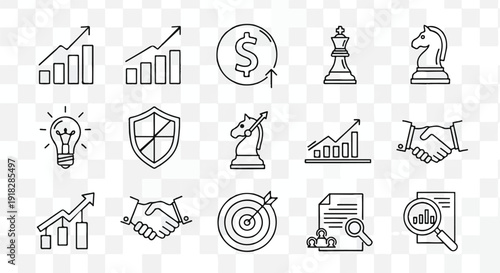 A collection of outline business and finance icons representing strategy, growth, investment, ideas, and partnership on a transparent background.