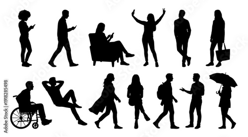 People silhouette set with man in wheelchair and walking