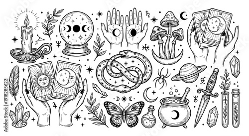 Esoteric and celestial magic symbol set with tarot card