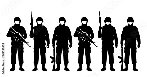Army soldier silhouette set with tactical rifle gear
