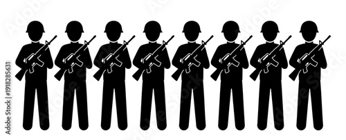 Army soldier silhouette set in row with rifle