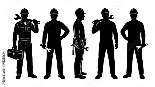 Construction worker silhouette set with tool and helmet