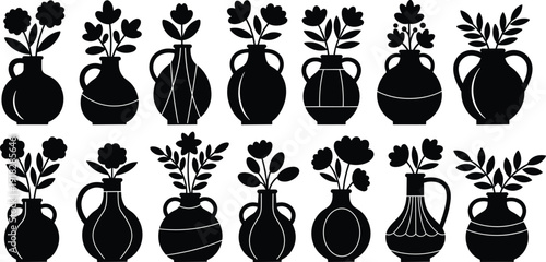 Flower vase silhouette set with diverse floral arrangements and decorative foliage designs, vector artwork
