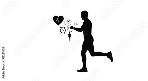 Silhouette of a runner monitoring vital signs and workout progress using a smartwatch device