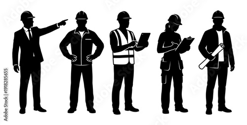 Construction worker and engineer silhouette set in helmet