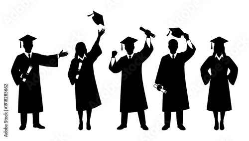 Graduation student silhouette set with gown and cap