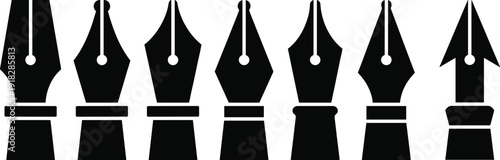 Black silhouette icon set of seven fountain pen nibs with varied shapes for writing, design, and stationery visuals 