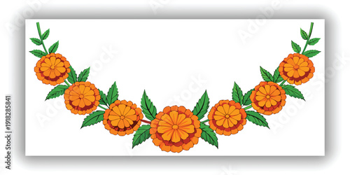 A panoramic, top-down view showcases a garland composed of vibrant orange marigold flowers interspersed among rich green leaves, set against a stark white background. The marigolds, fully bloomed and 