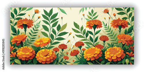 A panoramic, top-down view showcases a garland composed of vibrant orange marigold flowers interspersed among rich green leaves, set against a stark white background. The marigolds, fully bloomed and 