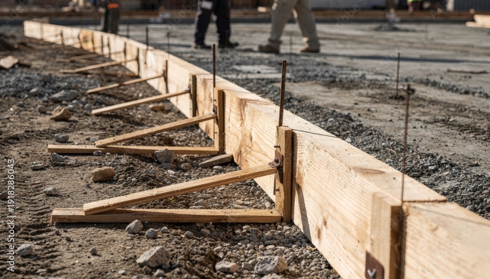 Obraz premium Medium shot capturing wooden forms carefully aligned for concrete curb shaping sharply focused forms contrasting with indistinct workers in the background.