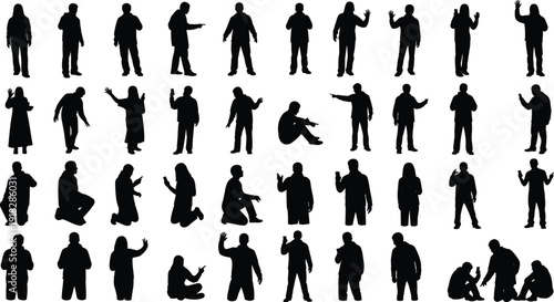 Human silhouette set with 40 diverse poses, gestures, and stances, vector artwork