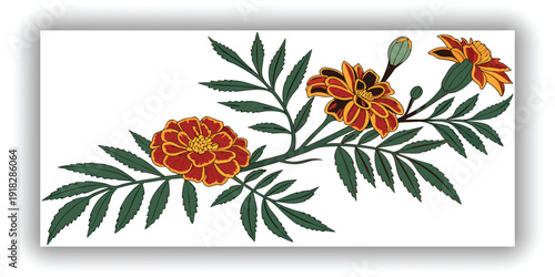 A panoramic, top-down view showcases a garland composed of vibrant orange marigold flowers interspersed among rich green leaves, set against a stark white background. The marigolds, fully bloomed and 