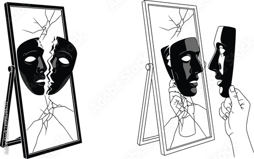 Cracked mirror illustrations with theatrical masks exploring themes of identity, fragmentation, and introspection for conceptual visuals