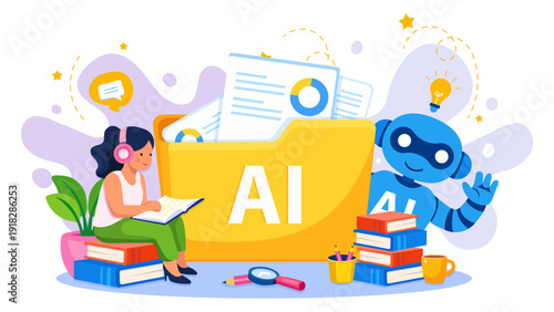 Artificial intelligence robot reading book with chat and study elements. Perfect for online courses, education apps, website banners, presentations