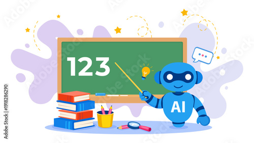 AI robot teaching online class with graduation cap and study tools. Ideal for online education platforms, academic websites, social media ads
