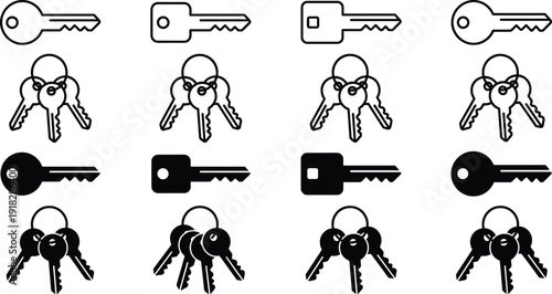 Grid of outlined and solid key and keyring icons with varied head shapes for access and design visuals
