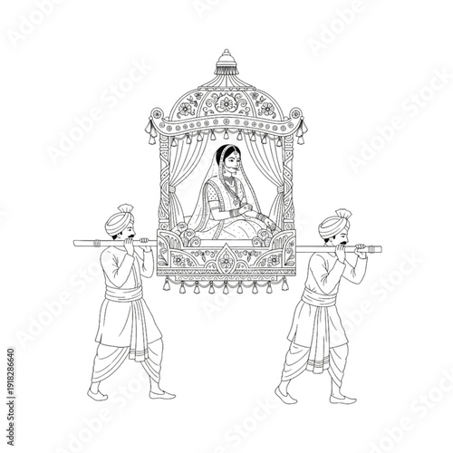 Indian bride in Doli – traditional wedding line art clipart
