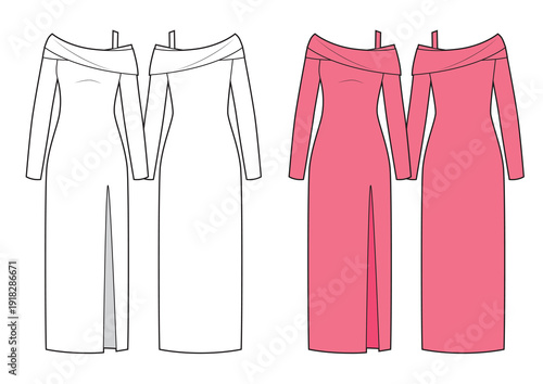 Shoulderless classic fit dress. Fashion sketch.