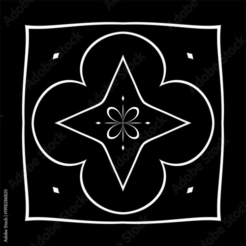 Abstract Symmetrical Design Element. Flower Icon on Black Background.. 