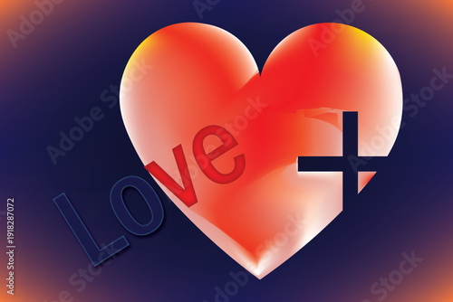Glowing heart with love text and plus symbol on gradient background romantic digital illustration.