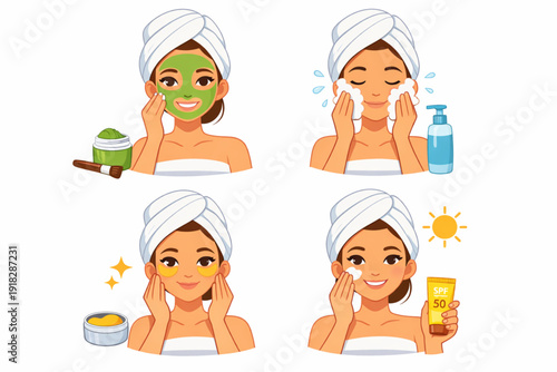 Step-by-Step Facial Skincare Routine – Woman Applying Mask, Cleansing, Eye Patches and Sunscreen Vector Illustration
