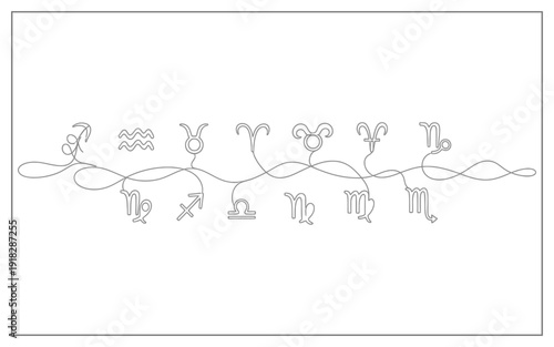 Abstract Continuous Line Drawing of Zodiac Signs and Astrological Symbols, Minimalist Horoscope Design for Spirituality and Tarot Concept