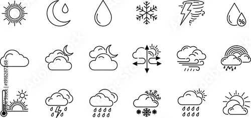 Weather forecast icon set, climate symbols, rain, sun, snow, storm, wind, temperature, meteorology graphics, cloud vector illustrations, seasonal