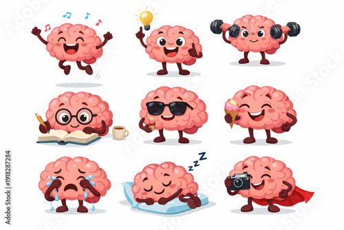 Brain Characters Cartoon Set – Happy Brains with Emotions and Activities Vector Illustration