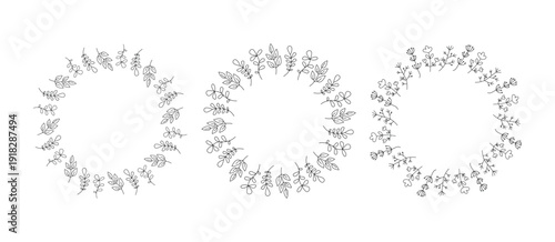 Summer, spring background banner with space for text. A set of round floral frames and templates. Simple drawings of plants, flowers, branches, and leaves. A botanical border. Hand-drawn line icons.