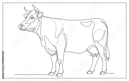Minimalist Cow One Line Art Drawing, Continuous Line Vector Illustration of a Dairy Cow Farm Animal