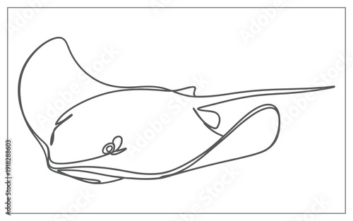 Abstract Stingray Continuous Line Art Drawing, Minimalist Manta Ray Silhouette for Modern Nautical Branding and Underwater Marine Decor